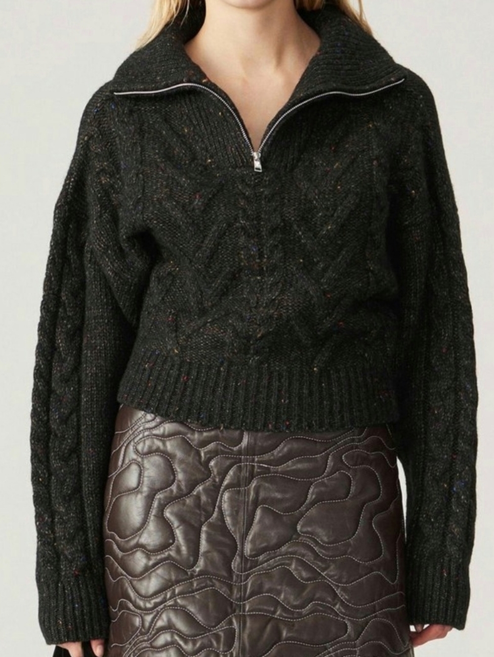 GANNI Speckled Cable-Knit Half-Zip Sweater